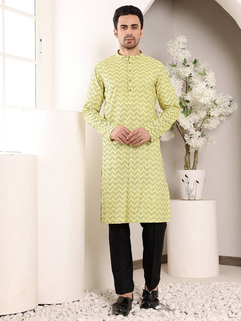 Off white viscose embroidered kurta pajama