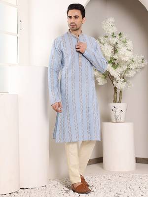 Cream viscose embroidered kurta pajama 1