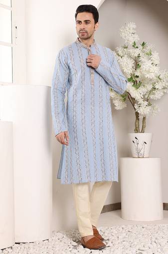 Cream viscose embroidered kurta pajama