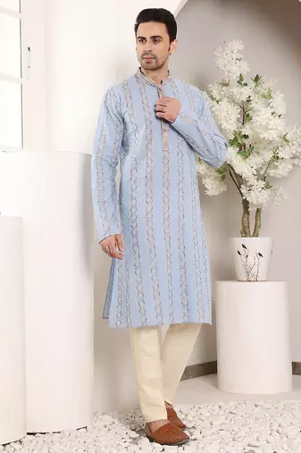 Cream viscose embroidered kurta pajama