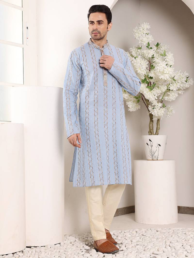 Cream viscose embroidered kurta pajama
