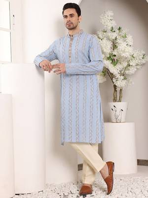 Cream viscose embroidered kurta pajama 2