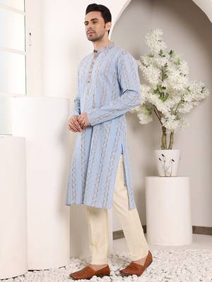 Cream viscose embroidered kurta pajama 3