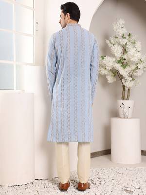 Cream viscose embroidered kurta pajama 5