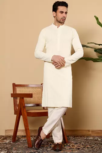 Cream cotton embroidered kurta pajama