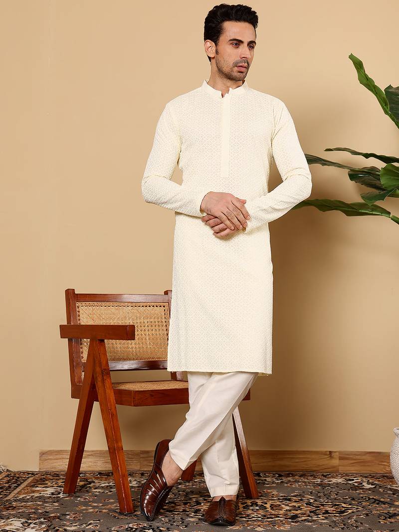 Cream cotton embroidered kurta pajama