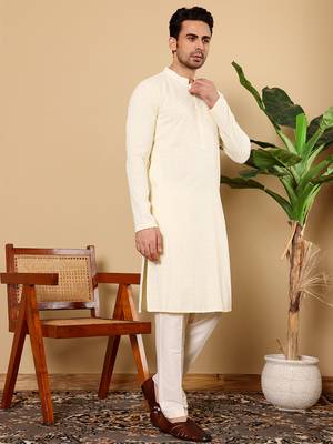 Cream cotton embroidered kurta pajama 2
