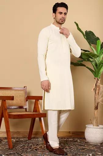 Cream cotton embroidered kurta pajama