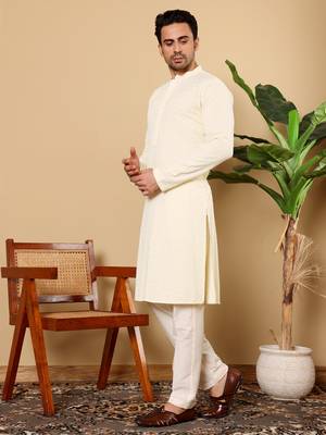 Cream cotton embroidered kurta pajama 3