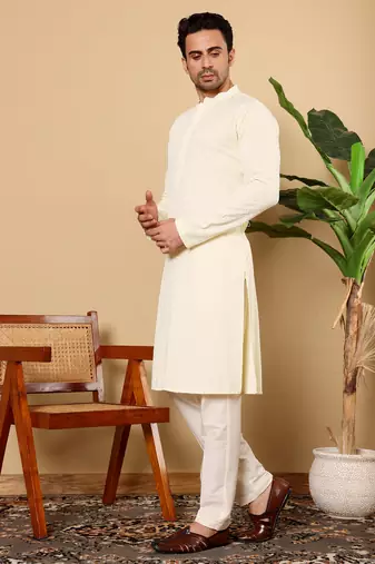 Cream cotton embroidered kurta pajama