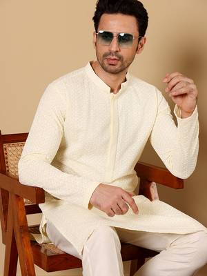 Cream cotton embroidered kurta pajama 4