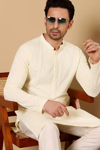 Cream cotton embroidered kurta pajama