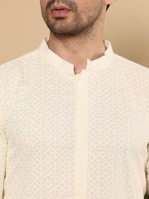 Cream cotton embroidered kurta pajama 5