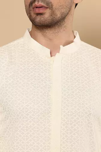 Cream cotton embroidered kurta pajama
