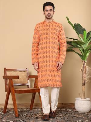 Cream cotton embroidered kurta pajama 1