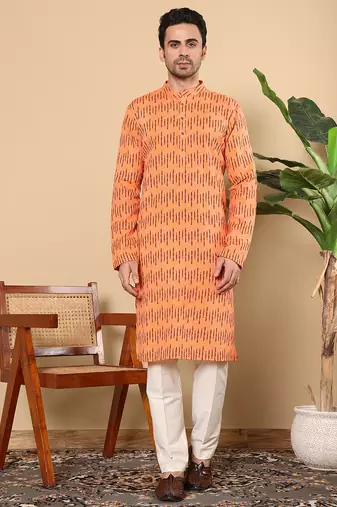 Cream cotton embroidered kurta pajama