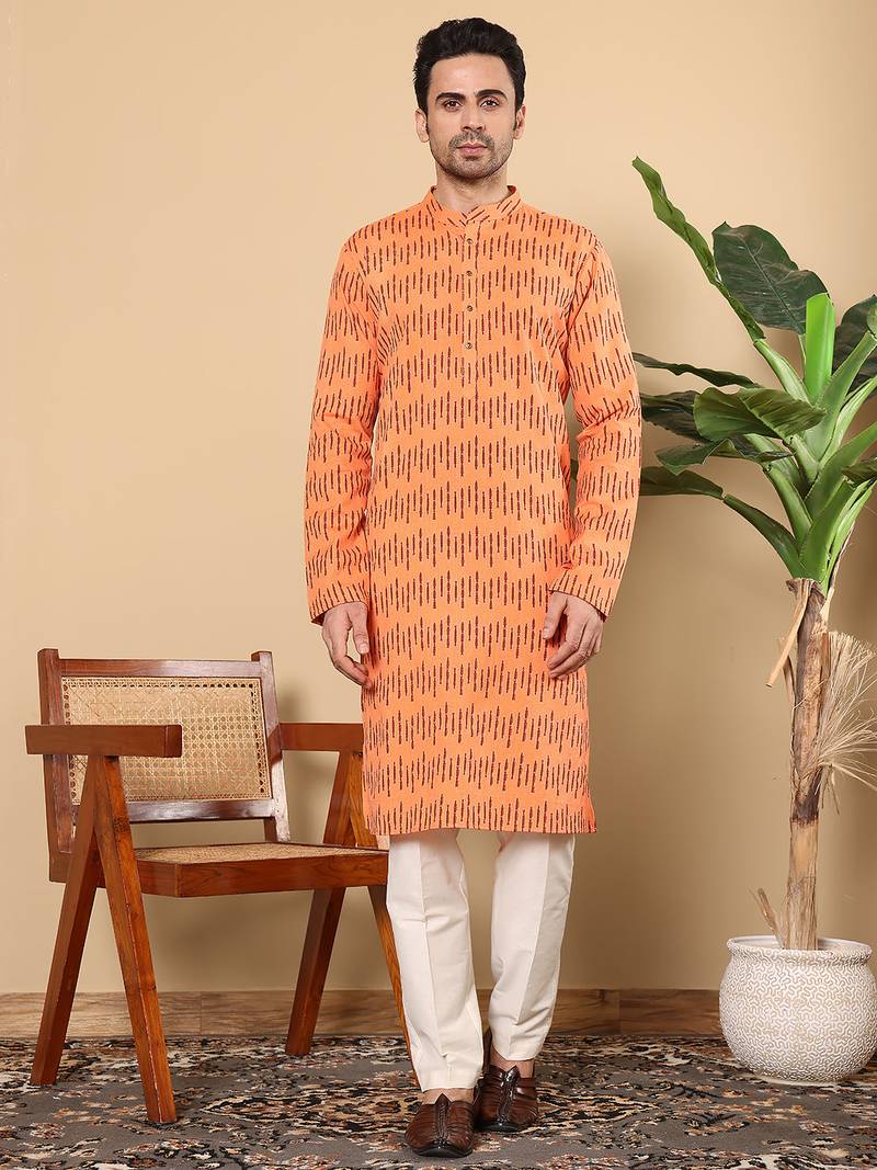Cream cotton embroidered kurta pajama