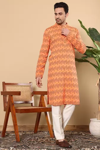 Cream cotton embroidered kurta pajama