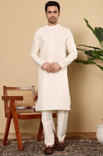 Off white silk embroidered kurta pajama