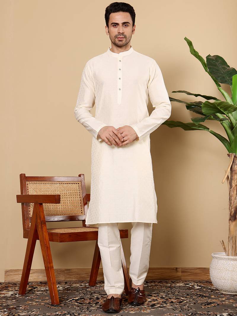 Off white silk embroidered kurta pajama