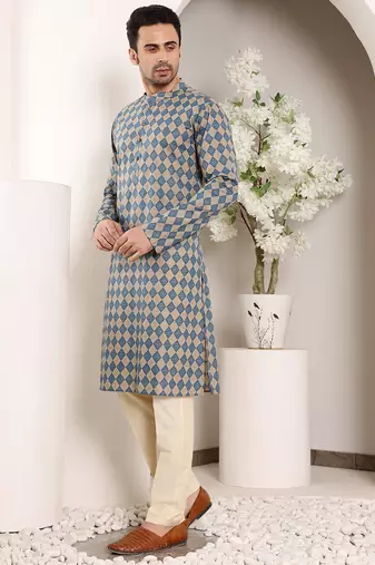 Off white silk embroidered kurta pajama