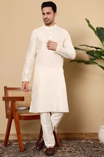 Off white silk embroidered kurta pajama