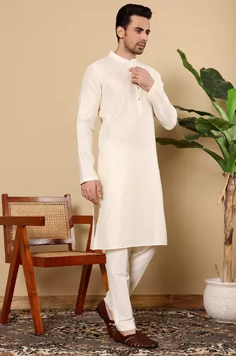 Off white silk embroidered kurta pajama