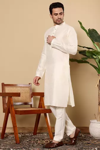 Off white silk embroidered kurta pajama