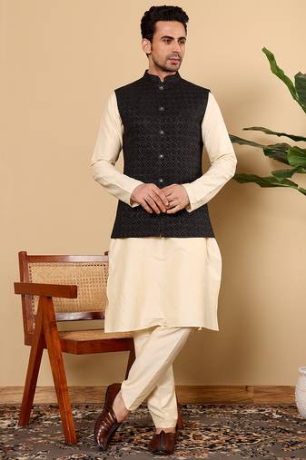 Black cotton embroidered kurta pajama