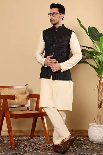 Black cotton embroidered kurta pajama