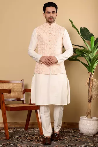 Cream cotton embroidered kurta pajama