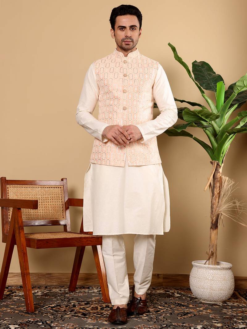 Cream cotton embroidered kurta pajama