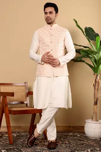 Cream cotton embroidered kurta pajama