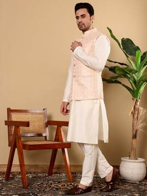 Cream cotton embroidered kurta pajama 4