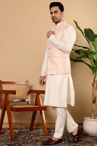 Cream cotton embroidered kurta pajama