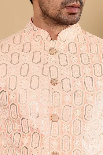 Cream cotton embroidered kurta pajama