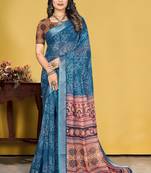 Grey Linen Digital Printed Saree With Blouse Piece 