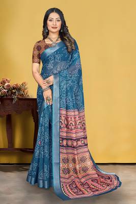 Grey Linen Digital Printed Saree With Blouse Piece  2