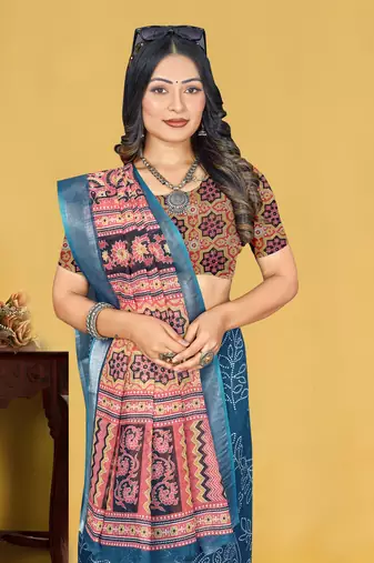 Grey Linen Digital Printed Saree With Blouse Piece 