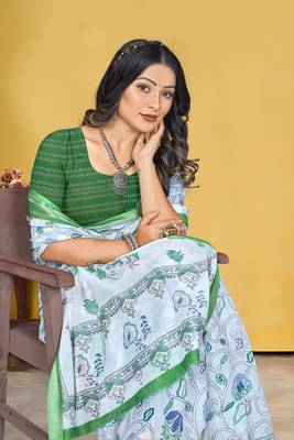 White Linen Digital Printed Saree With Blouse Piece  1