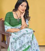 White Linen Digital Printed Saree With Blouse Piece 