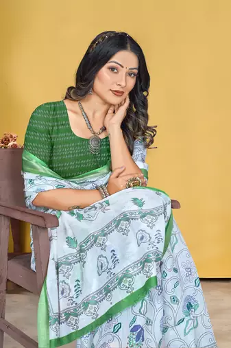 White Linen Digital Printed Saree With Blouse Piece 