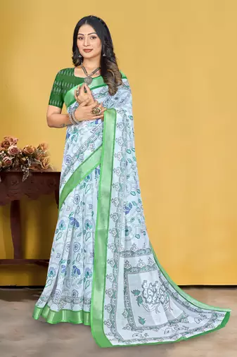 White Linen Digital Printed Saree With Blouse Piece 