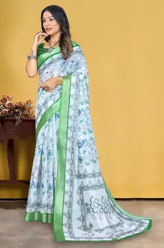 White Linen Digital Printed Saree With Blouse Piece 