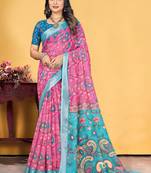 Pink Linen Digital Printed Saree With Blouse Piece 