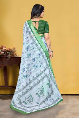 White Linen Digital Printed Saree With Blouse Piece  5