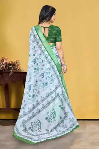 White Linen Digital Printed Saree With Blouse Piece 
