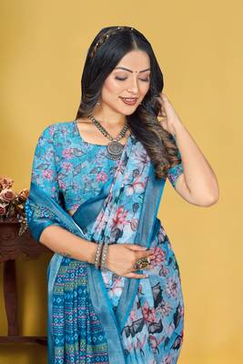 Blue Linen Digital Printed Saree With Blouse Piece  1