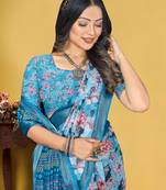 Blue Linen Digital Printed Saree With Blouse Piece 