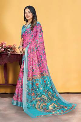 Pink Linen Digital Printed Saree With Blouse Piece  3